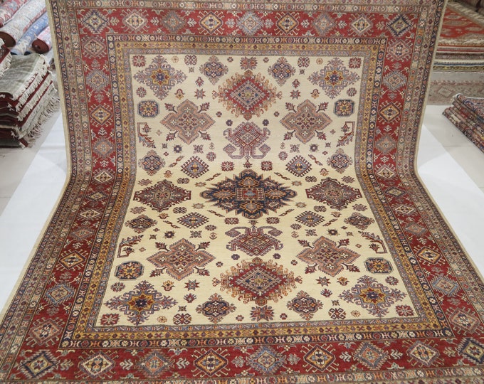 8x10 Kazak Rug – Beige Red Afghan Handmade Wool Geometric Rug