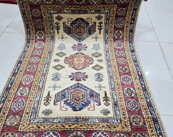 2.5 X 4 ft Handmade Geometrical Super Kazak Rug, Beige and Red, Cotton and Wool