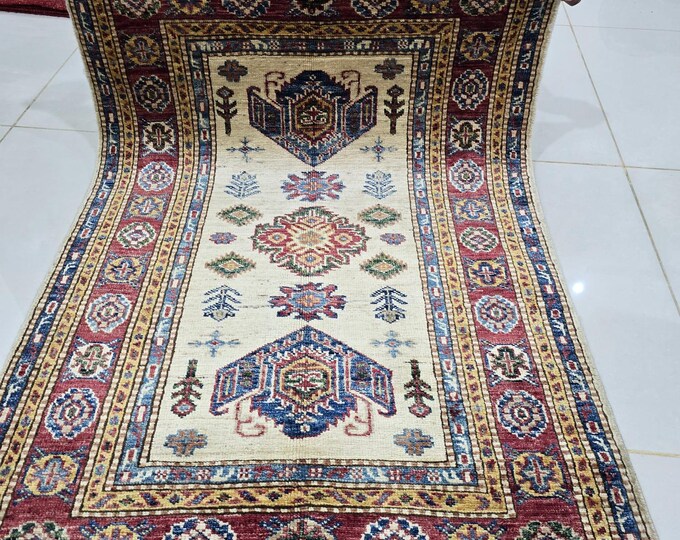 2.5 X 4 ft Handmade Geometrical Super Kazak Rug, Beige and Red, Cotton and Wool