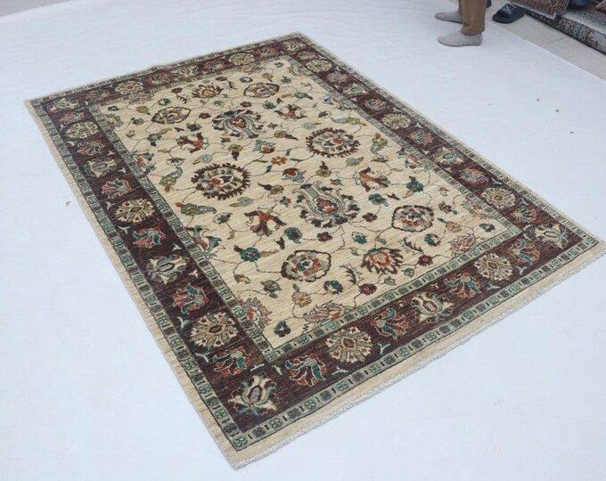 Hand-knotted Super Kazak Cotton and Wool Rug, Geomatrical in Beige base and Brown border, 4.11 X 6.6 ft
