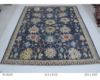Hand-Knotted Wool Chobi Rug, Floral Design, Blue and Beige (8.3 x 9.10 ft)