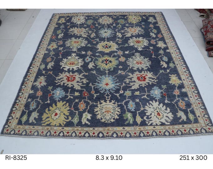 Hand-Knotted Wool Rug, Floral Design, Blue and Beige (8.3 x 9.10 ft)