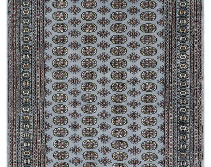 6.1 X 8.9 ft Gray Geomatrical Handmade ,Mori Bokhara Cotton and Wool