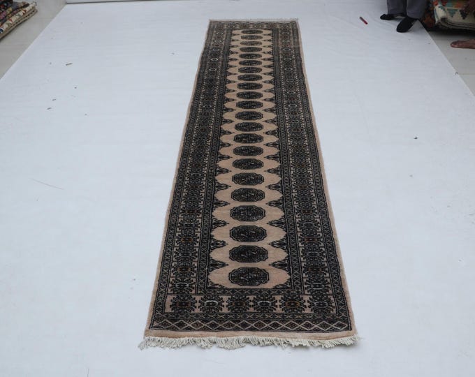 2.5 X 10.0 ft Beige Geomatrical Runner Handmade, Mori Bokhara Cotton and Wool
