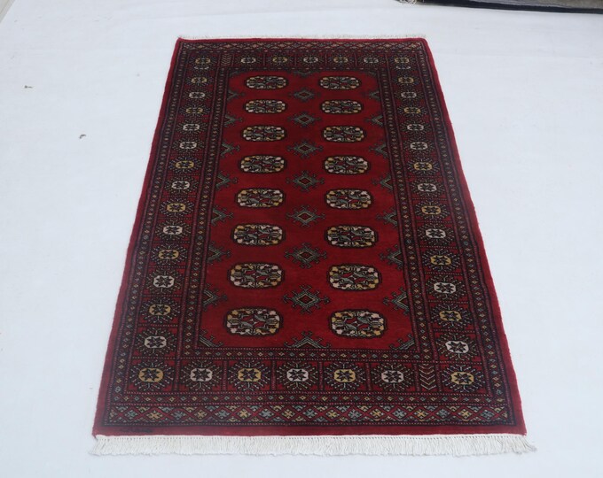 3.1 X 5.1 ft Red Geomatrical Handmade Runner, Mori Bokhara Cotton and Wool