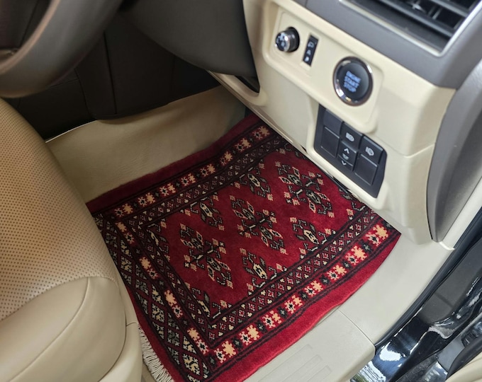 1.5 X 2 ft Geomatric Handmade Car Mats Pair, Red Wool Car Floor Rugs, Cotton and Wool