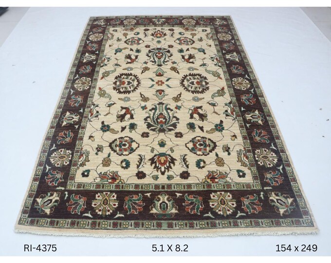 Hand-knotted Chobi Cotton and Wool Rug, Floral in Beige base and Brown border, 5.1 x 8.2 ft
