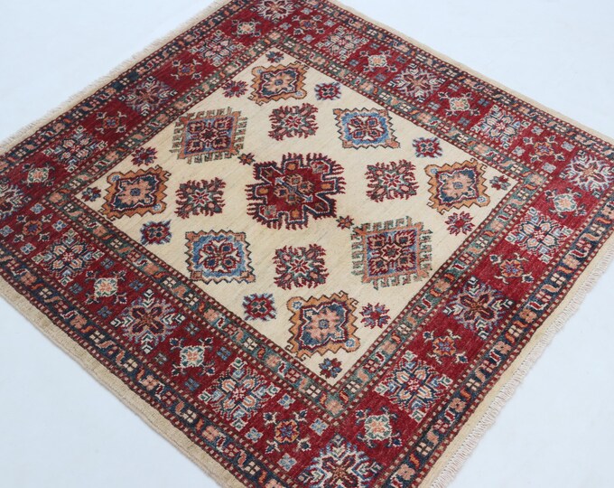 3.5 X 3.5 ft Handmade Geometrical Square Super Kazak Rug, Beige and Red, Cotton and Wool