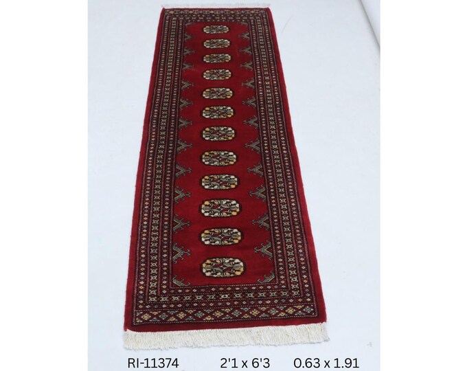 2 X 6 ft Red Geometrical Handmade Runner, Mori Bokhara Cotton and Wool