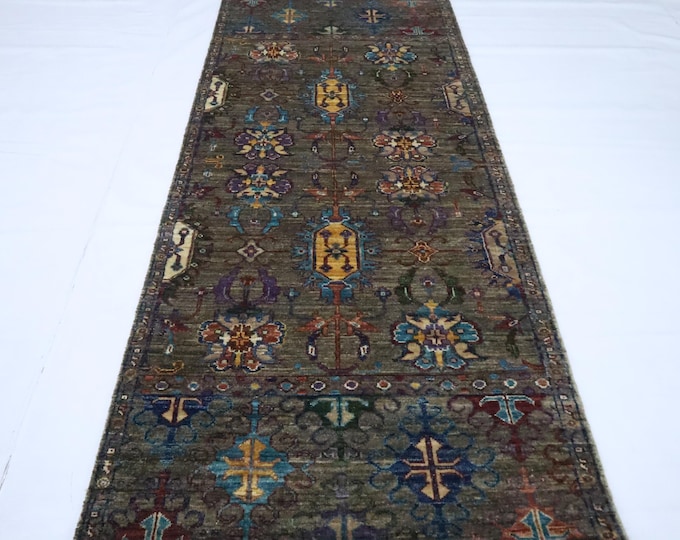 7ft Gray Afghan Runner Rug, Hand Knotted Wool, Sultani Floral Design