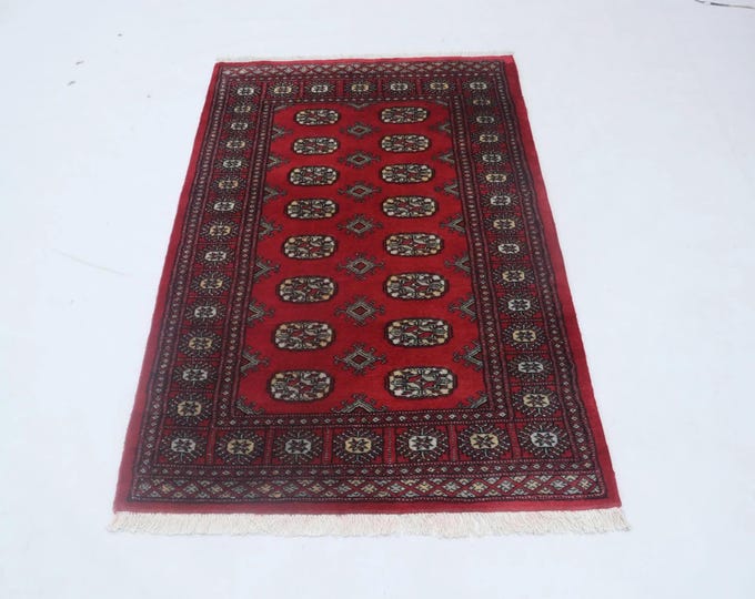 3 X 5 ft Geometrical Mori Bokhara Rug, Red, Handmade Cotton and Wool