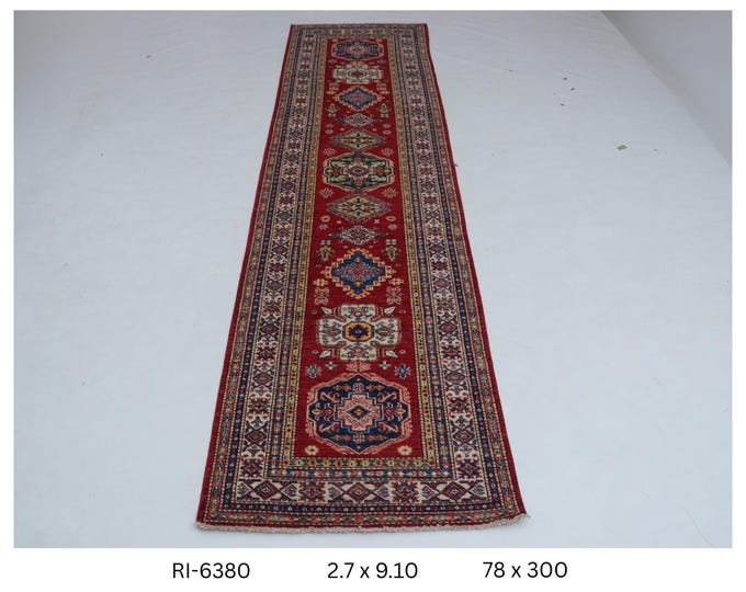 Hand-Knotted Kazak Rug, Red Geometric Wool Runner (2.7 x 9.10 ft)