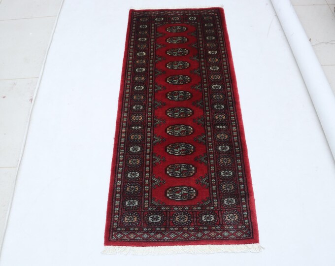 2.1 X 5.2 ft Red Geomatrical Runner Handmade, Mori Bokhara Cotton and Wool