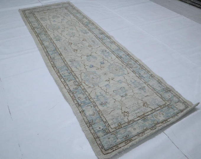 8 ft Beige Oushak Runner Rug – Hand-Knotted Turkish Wool