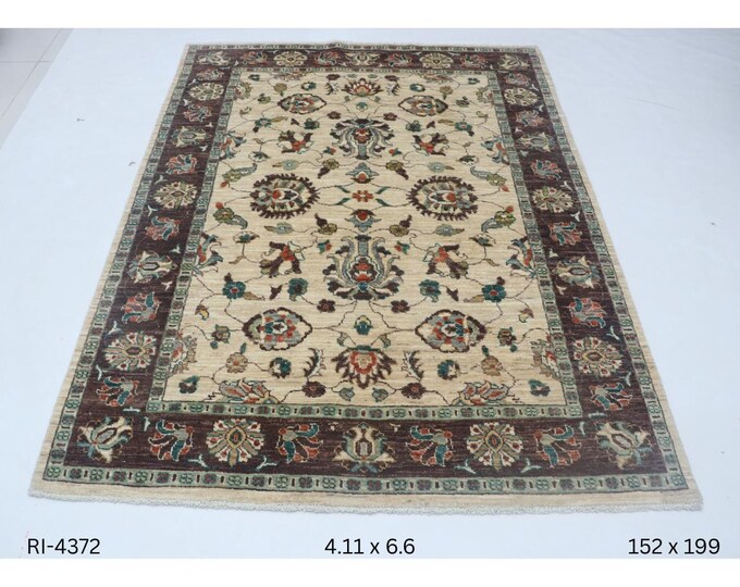 Hand-knotted Super Kazak Cotton and Wool Rug, Geomatrical in Beige base and Brown border, 4.11 X 6.6 ft