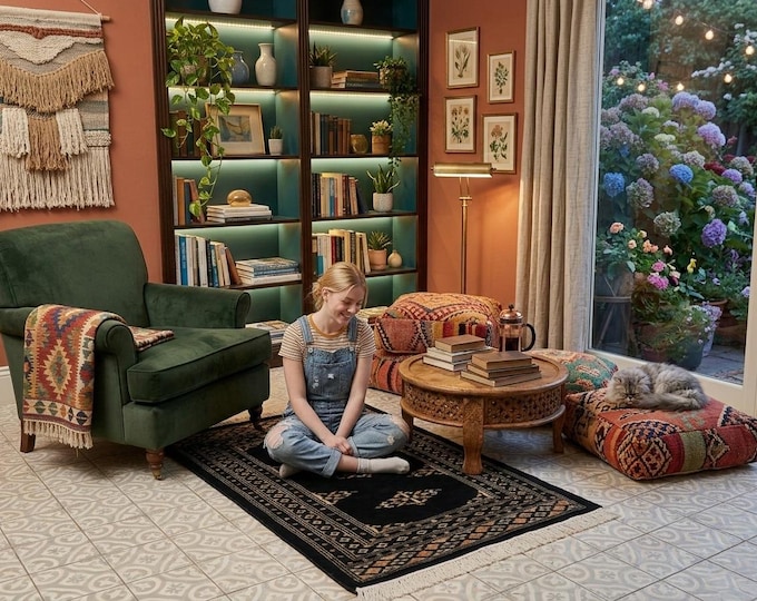 2.2 X 3.2 ft Black Geomatrical Handmade ,Mori Bokhara Cotton and Wool