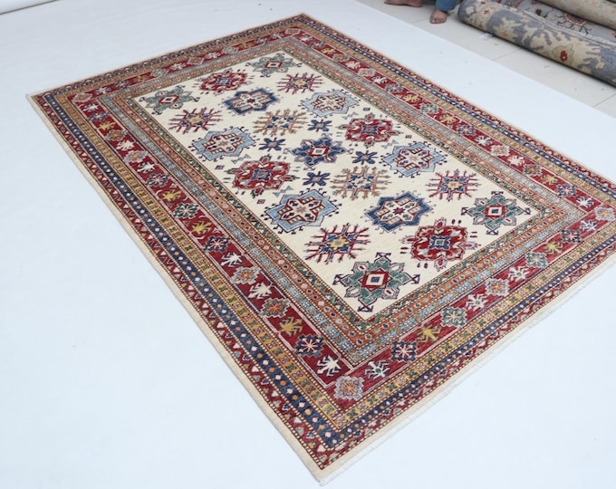 5.6 X 7.7 ft Beige and Red Geomatrical Handmade, Super Kazak Cotton and Wool