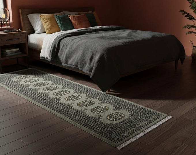 1.11 X 6.2 ft Gray Geomatrical Handmade, Mori Bokhara Cotton and Wool