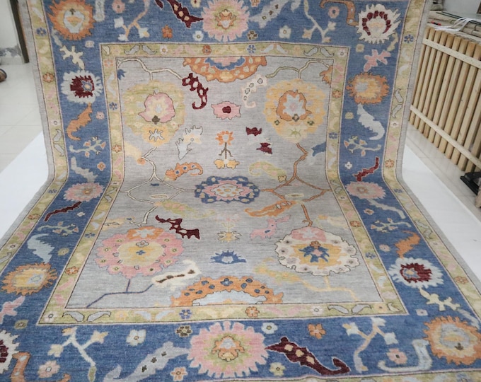 8x10 Ft Hand Knotted Turkish Oushak Rug, Gray Blue Floral Wool Rug
