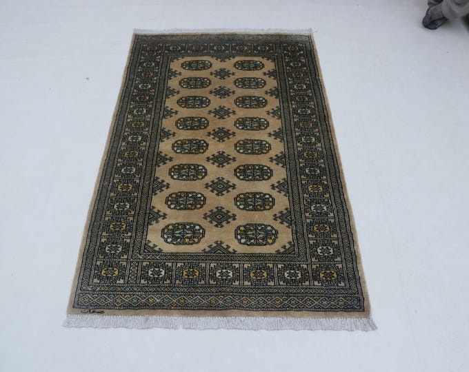 3.1 X 5.2 ft Beige Geomatrical Handmade ,Mori Bokhara Cotton and Wool
