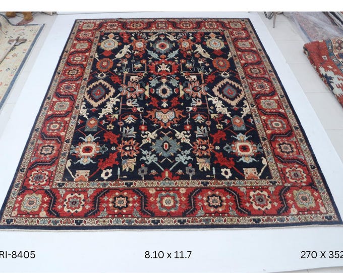 Hand-knotted Heriz Cotton and Wool Rug, Floral in Blue base and Red border, 8.10 x 11.7 ft