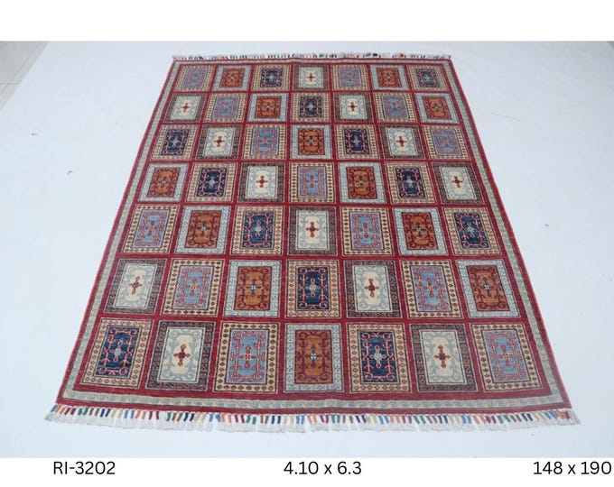 Hand-knotted Gul-e-Ayena Cotton and Wool Rug, Geomatrical in Red base and Red border, 4.10 X 6.3 ft