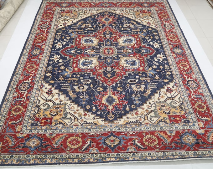 9x12 Hand Knotted Wool Rug – Blue Red Afghan Heriz Medallion