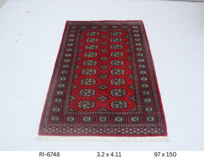 Hand-knotted Mohri Bokhara Cotton and Wool Rug, Geomatrical in Red base and Red border, 3.2 x 4.11 ft