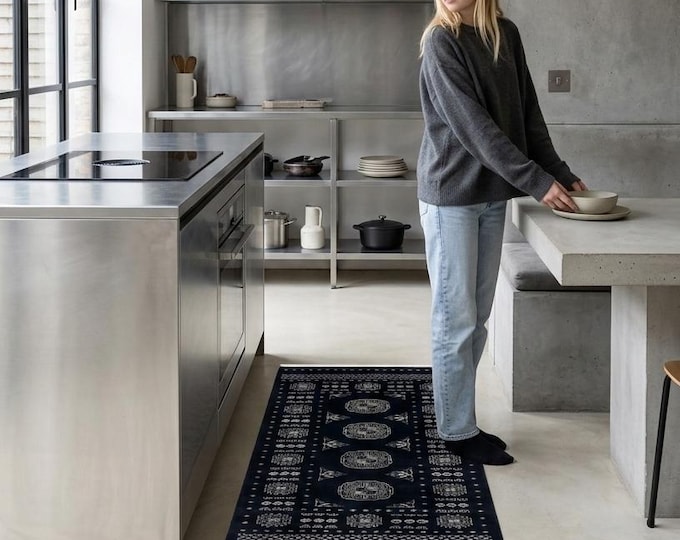 2.5 X 4.10 ft Black Geomatrical Handmade ,Mori Bokhara Cotton and Wool