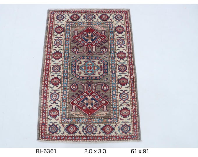Hand-knotted Super Kazak Cotton and Wool Rug, Geomatrical in Brown base and Beige border, 2.0 x 3.0 ft