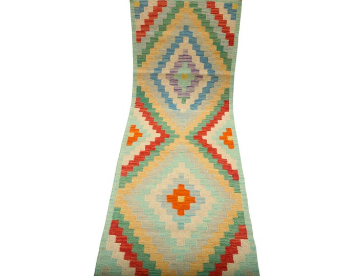 2 X 6.5 ft Runner Handmade Geometrical Killim Rug, Muilty, Wool