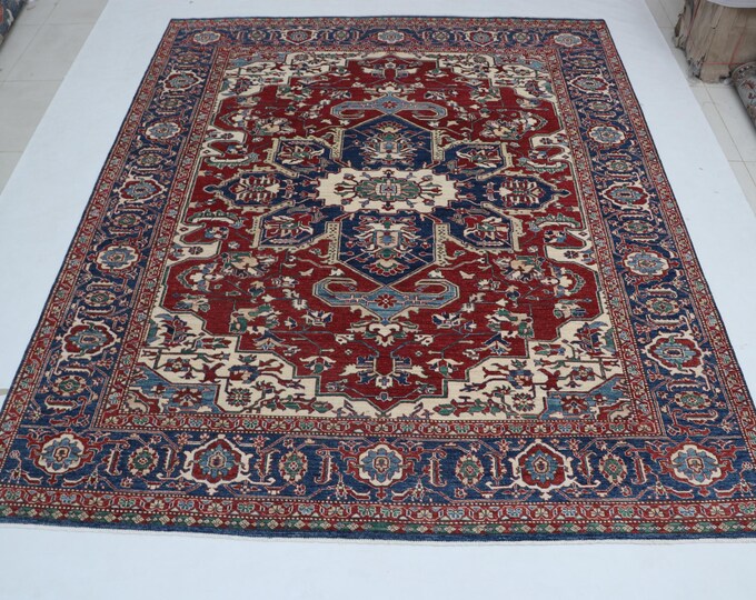 8.1 X 9.10 ft Red and Blue Geomatrical Handmade , Super Kazak Cotton and Wool