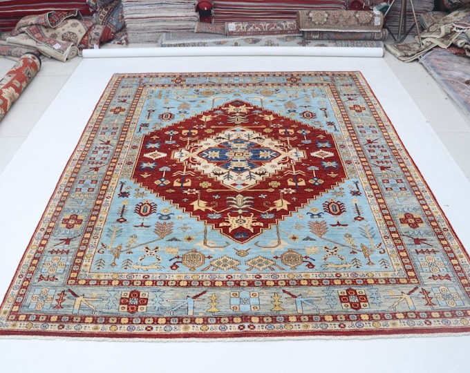 8.0 X 9.10 ft Red and Blue Floral Handmade ,Heriz Cotton and Wool