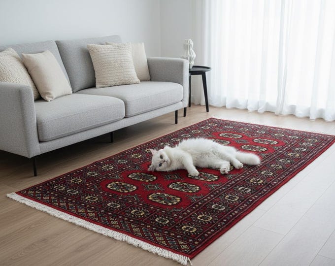 3.1 X 4.9 ft Red Geomatrical Handmade ,Mori Bokhara Cotton and Wool