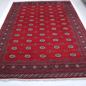 9x12 Ft Mori Bokhara Area Rug - Red Rug - Turkmen Rug - Hand Knotted Rug - Geometric Rug - Gul Motif Rug - Traditional Rug - Living Room Rug