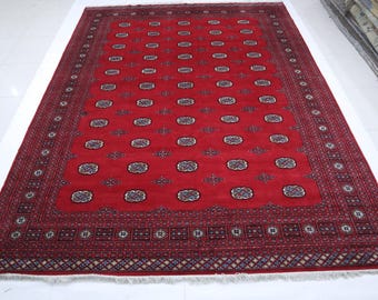 9x12 Ft Hand-Knotted Wool Mori Bokhara Rug – Red Turkmen Geometric Rug