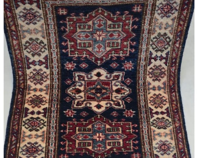 2 X 3 ft Blue and Beige Geometrical Handmade, Super Kazak Rug Cotton and Wool