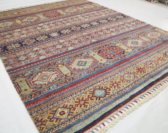 5x7 Afghan Wool Rug – Tribal Geometric Khorjin, Organic Dye