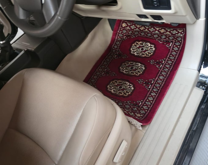 1.5 X 2 ft Geomatric Handmade Car Mats Pair, Red Wool Car Floor Rugs, Cotton and Wool Car Mats
