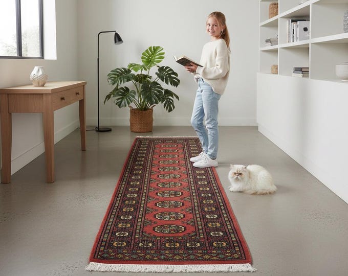 2.1 X 5.11 ft Copper Geomatrical Runner Handmade, Mori Bokhara Cotton and Wool