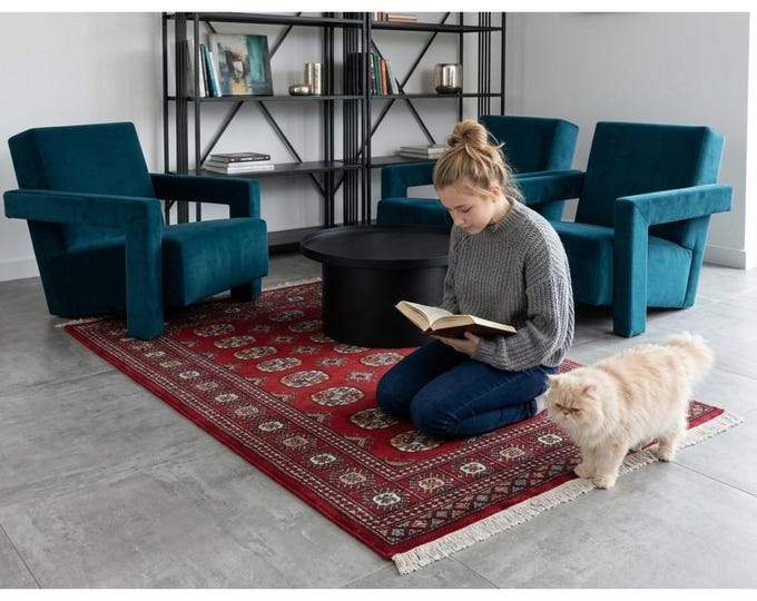 3.1 X 5.2 ft Red Geomatrical Handmade Runner, Mori Bokhara Cotton and Wool