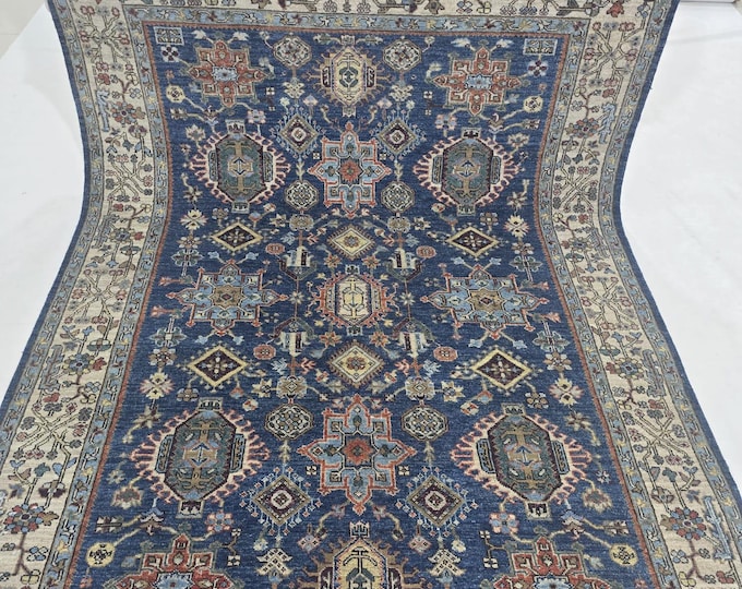 5.5 X 8 ft Handmade Floral Tribal Rug, Blue and Beige, Cotton and Wool