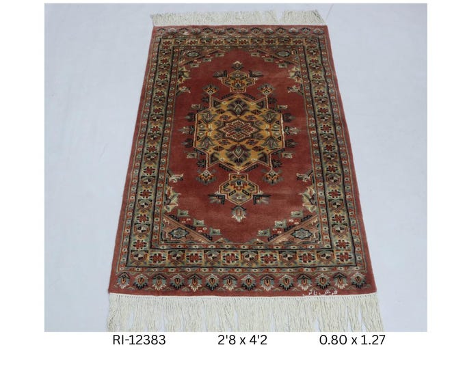 Hand-Knotted Cotton Wool Silk Rug, Geometric Copper and Yellow, 2.8 x 4.2 ft