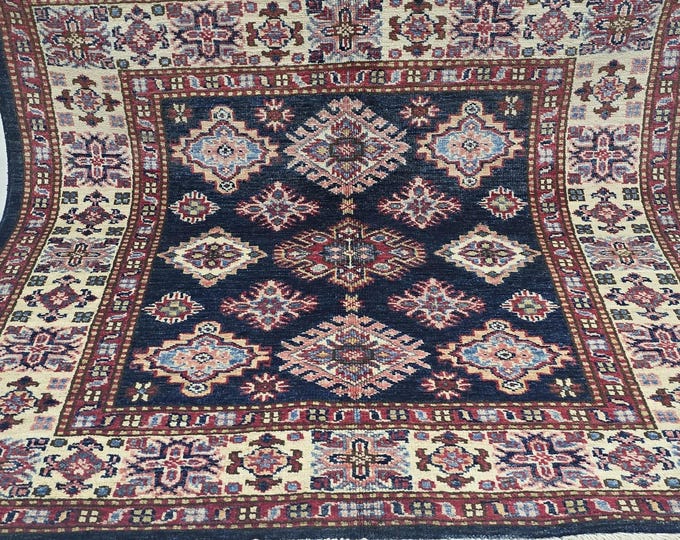 3.5 X 3.5 ft Handmade Geometrical Square Super Kazak Square Rug, Blue and Beige, Cotton and Wool
