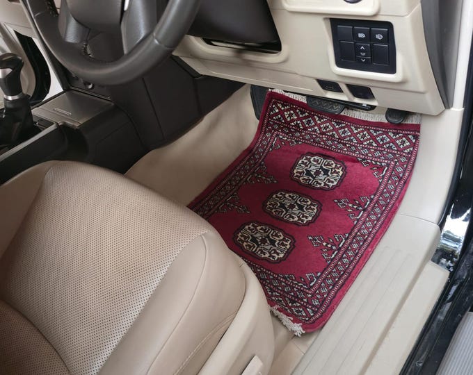 1.5 X 2 ft Geomatric Handmade Car Mats Pair, Red Wool Car Floor Rugs, Cotton and Wool Car Mats