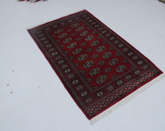 3 X 5 ft Geometrical Mori Bokhara Rug, Red, Handmade Cotton and Wool