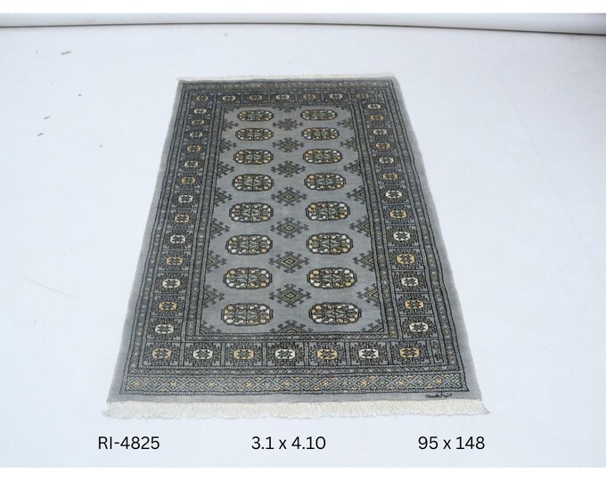 3 X 5 ft Gray Geometrical Handmade , Mori Bokhara Cotton and Wool