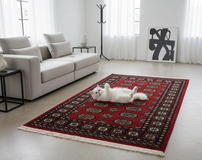 3.1 X 4.10 ft Red Geomatrical Handmade ,Mori Bokhara Cotton and Wool