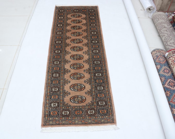 2.1 X 5.11 ft Copper Geomatrical Runner Handmade, Mori Bokhara Cotton and Wool