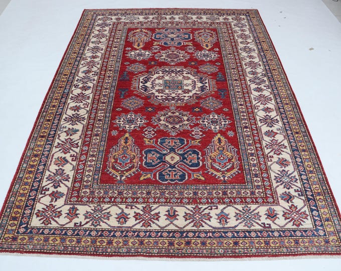 5.7 X 7.10 ft Red and Beige Geomatrical Handmade , Super Kazak Cotton and Wool